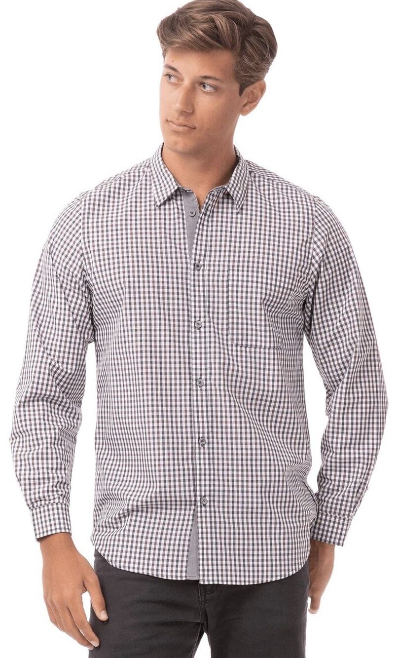 Chef Works Button Up Shirt Mens Small Brown Gingham Urban Collection Long Sleeve